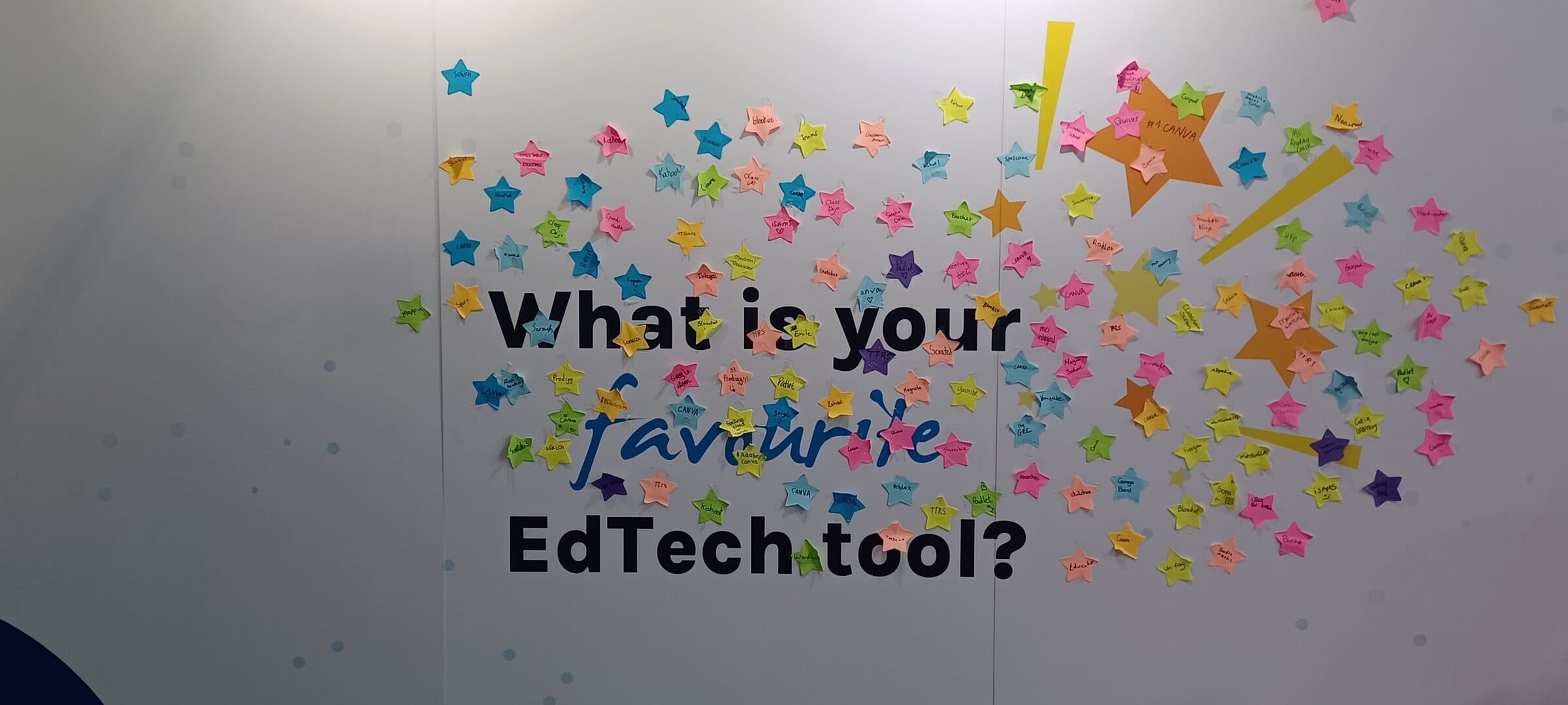 A wall of colourful star-shaped sticky notes around the prompt 'What is your favourite EdTech tool?'